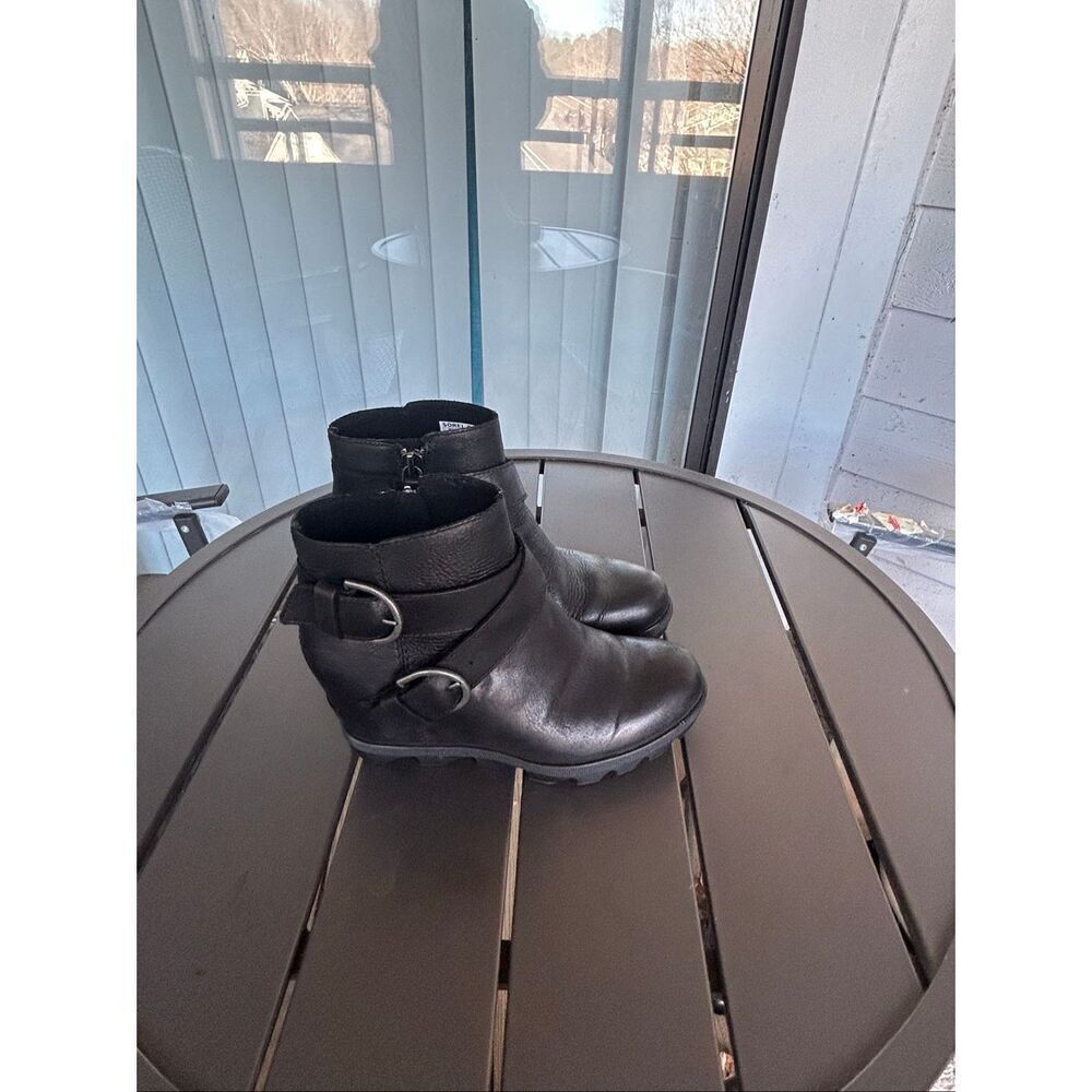 Sorel Joan of Artic Wedgel Leather Ankle Boots Black Buckle 6 - Picture 13 of 16